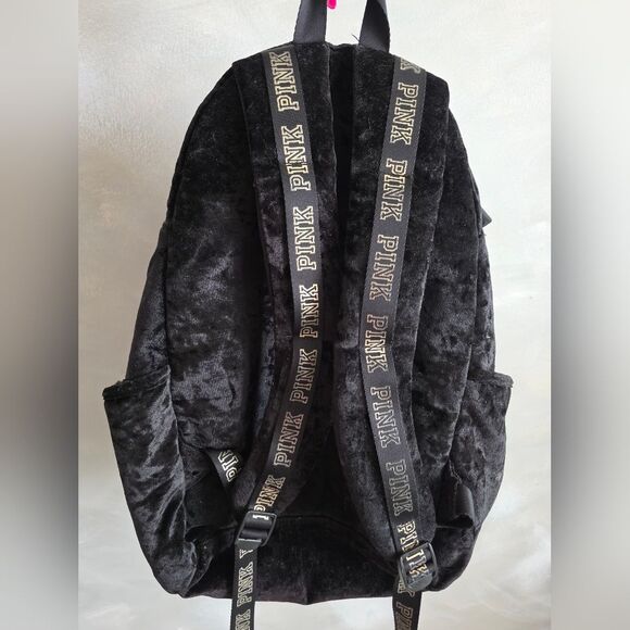 Victorias Secret Pink Logo Velvet Large Campus Backpack Bookbag Black Full Size - Picture 5 of 14